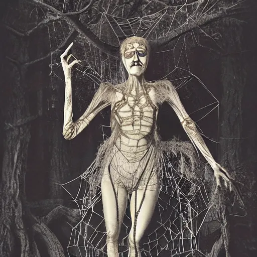 Image similar to 1860 photo of an old freak show body spider-woman, on the middle of a forest, spooky , veins, arteries, intricate, golden ratio, full frame, elegant, highly detailed, ornate, ornament, sculpture, elegant , luxury, beautifully lit, ray trace, 3d, PBR