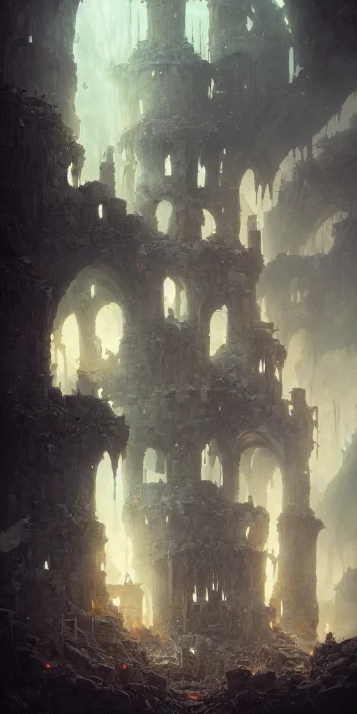 Image similar to Detailed Interior of the Burning Castle Ruins, Embers, Smoke billows, destruction walls, the ashen throne, bats flock, stunning atmosphere, in Style of Peter Mohrbacher, cinematic lighting