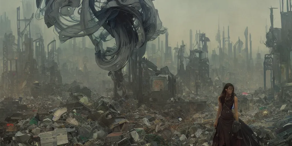 Prompt: garbage dump, city is pure wasteland, raining, detailed characters, alphonse mucha, greg rutkowski, trending on artstation, artgerm, breathtaking, sharp focus, smooth, mark arian, award winning, highly detailed 4 k art