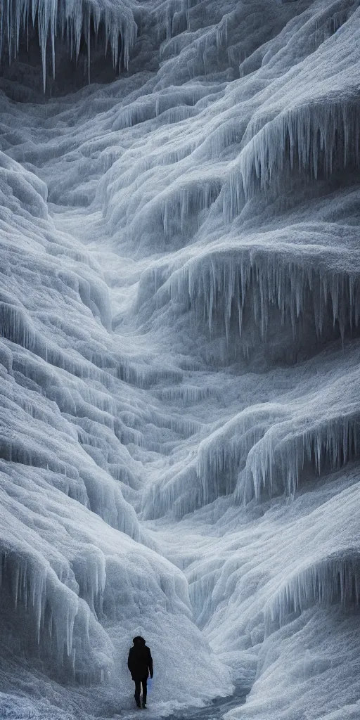 Image similar to dream looking through a hyper realistic photograph of a frozen icy canyon, minimal structure, misty, raining, meditative, timed exposure, icelandic valley, river, in the style of reuben wu, roger deakins