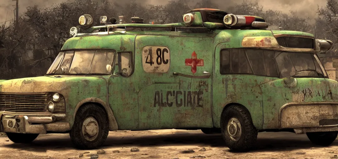 Image similar to fallout ambulance, 8 k photorealistic, hd, high details, trending on artstation