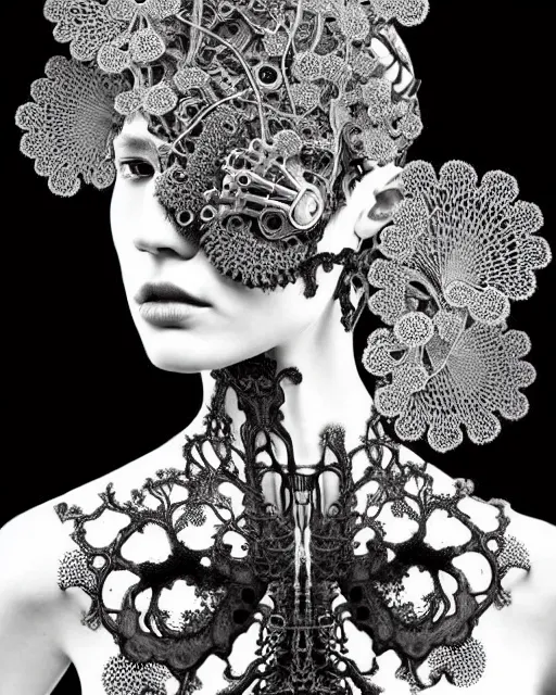 Image similar to surreal black and white photo portrait of complex bio-mechanical beautiful young female vegetal-cyborg with a Mandelbrot fractal steampunk metal fine lace face, a very long neck and a fine metal floral foliage super big lace collar by Alexander McQueen:: smoke, high fashion, haute couture, rococo, steampunk, silver filigree details, anatomical, facial muscles, cable wires, microchip, elegant, dreamy, foggy atmosphere, hyper realistic, 150 mm lens, soft rim light, octane render, unreal engine, picture was taken in 1910 by Man Ray, volumetric lighting, dramatic light,8k,