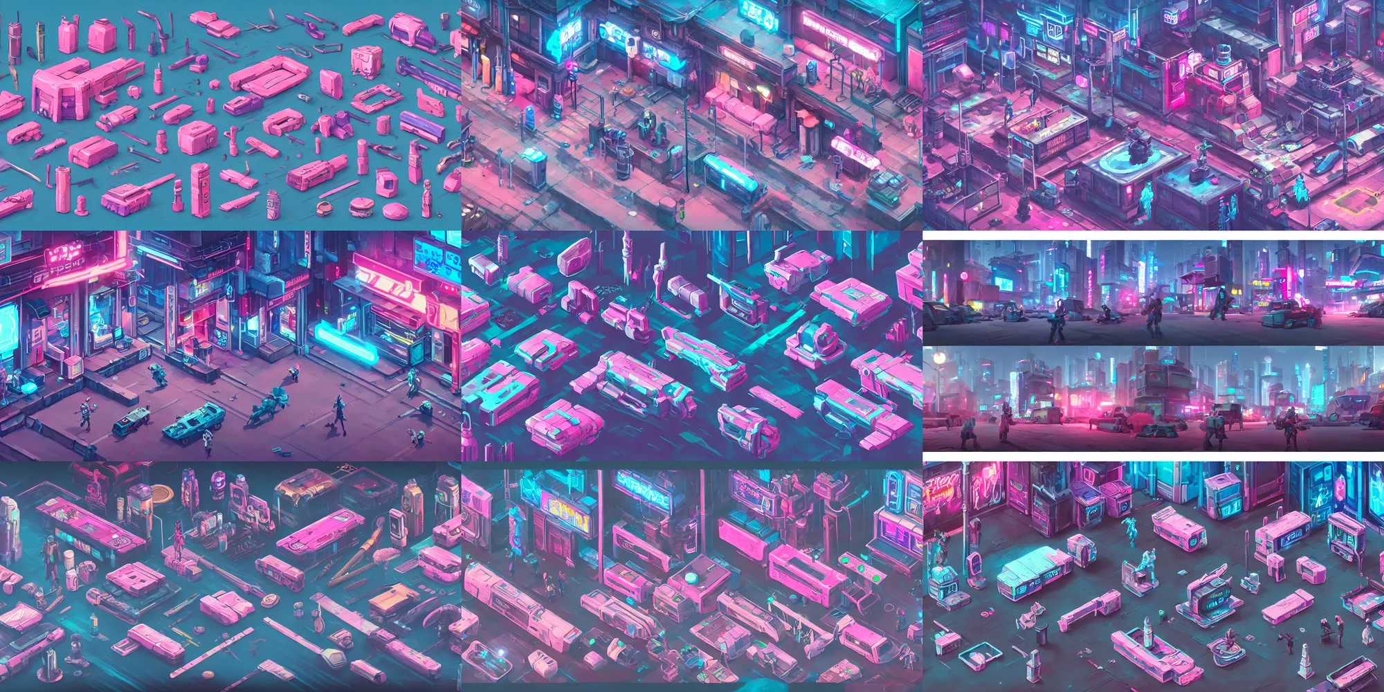 Prompt: game asset of cyberpunk city street utensils and furniture decoration, in gouache detailed paintings, props, stylized, 2 d sprites, kitbash, arcane, overwatch, blue and pink color scheme, 8 k, close up