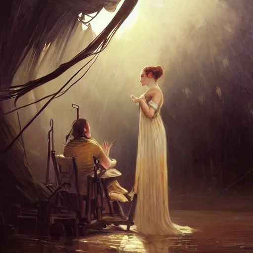 Image similar to highly detailed oil painting | very intricate | cinematic lighting | award - winning | film director | camera film equipments shooting actress on movie studio | by charlie bowater, by greg rutkowski, by j. c. leyendecker and edmund blair leighton, beautiful cinematic light, american romanticism, by alphonse mucha, artstation, cgsociety, official art, octane