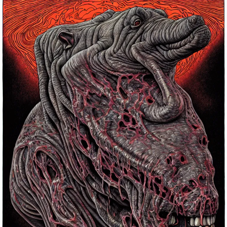 Prompt: a ghostly haunting flesh eating hippo, arteries, drops of blood, vibrant color, by Giger and Jeffrey Smith and Emek Golan