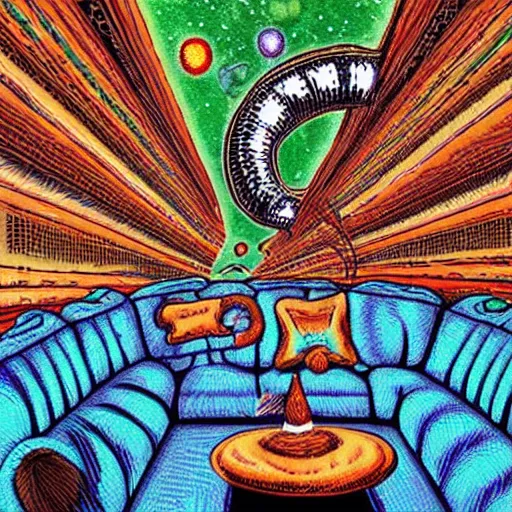 Image similar to couch sofa chesterfield flying through space psychedelic trippy eldritch horror cartoon