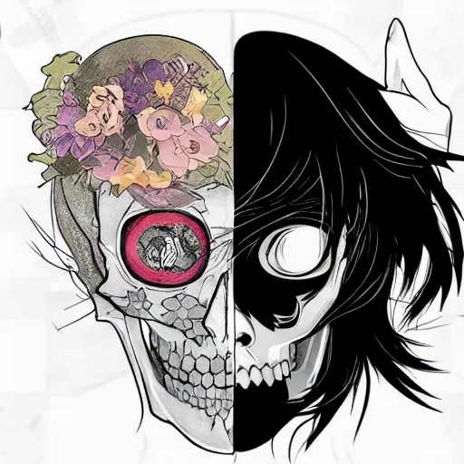 Image similar to anime manga skull portrait girl female cyborg skeleton profile illustration style by Alphonse Mucha pop art nouveau