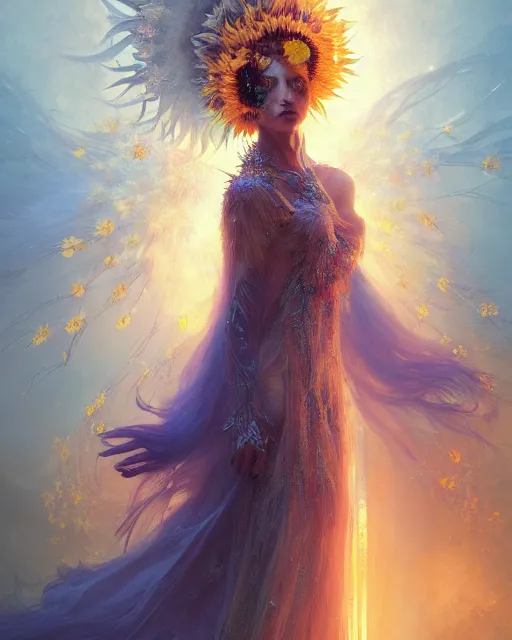 Image similar to Full View Portrait Mystical ethereal sunflower deity wearing beautiful dress, sunflower Dryad beautiful dress, 4k digital masterpiece by Greg Rutkowski and Ruan Jia and rossdraws, Alberto Seveso, fantasycore, Hyperdetailed, realistic oil on linen, soft lighting, Iconography background, featured on Artstation