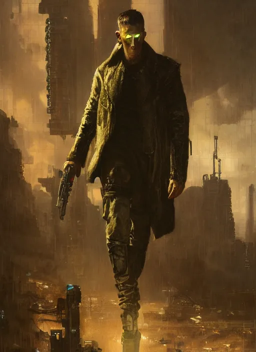 Prompt: frankenstein as a cyberpunk assassin in a cyberpunk stealth suit ( blade runner 2 0 4 9, cyberpunk 2 0 7 7 ). silenced pistol. orientalist portrait by john william waterhouse and james gurney and theodore ralli and nasreddine dinet, oil on canvas. cinematic, hyper realism, realistic proportions, dramatic lighting, high detail 4 k