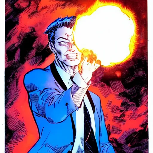 Image similar to a man in a blue suit standing in front of a fire ball, a comic book panel by jim lee, featured on deviantart, rayonism, dc comics, apocalypse art, parallax