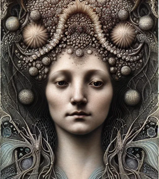 Prompt: detailed realistic beautiful crystal goddess face portrait by jean delville, gustave dore, iris van herpen and marco mazzoni, art forms of nature by ernst haeckel, art nouveau, symbolist, visionary, gothic, neo - gothic, pre - raphaelite, fractal lace, intricate alien botanicals, biodiversity, surreality, hyperdetailed ultrasharp octane render