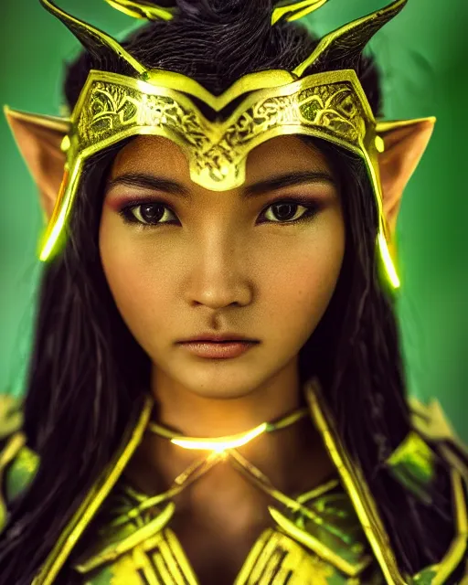 Prompt: a beautiful close up photo of a Filipina female elf ranger with long hair and green eyes, no helmet, wearing green and gold futuristic mecha armor, with ornate rune carvings and glowing lining, very detailed, shot in canon 50mm f/1.2