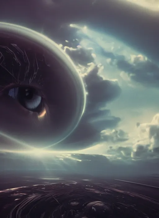 Image similar to eye in the clouds, style of Feng Zhu, Artstation, unique features, volumetric lighting, detailed, octane render, cinematic, 8k, retro sci fi film,