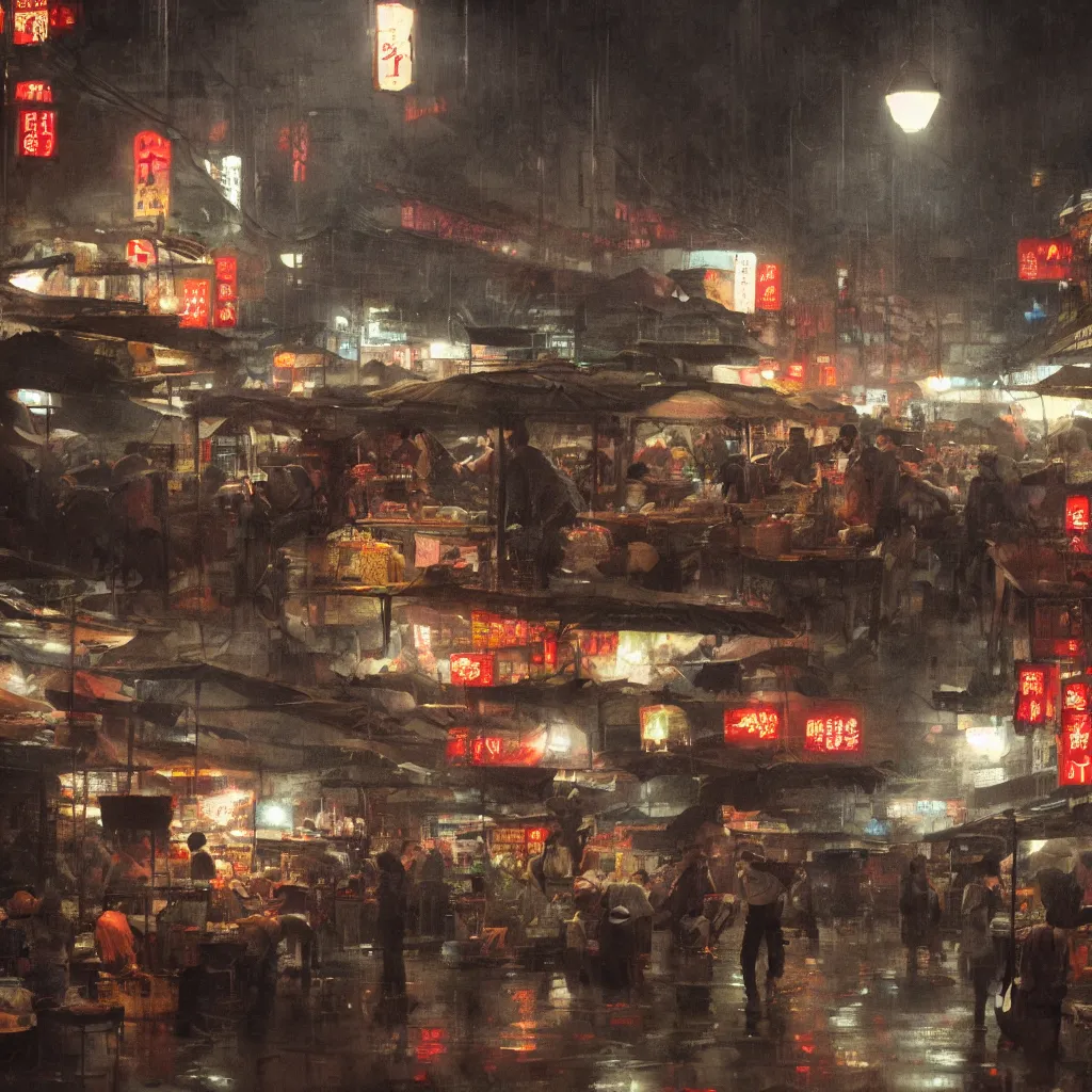 Image similar to an asian wet market at night, by greg rutkowski, cinematic lighting