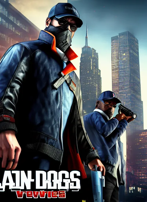 Image similar to watch dogs game crossover with grand theft auto, movie poster, 4 k, sharp, official, best movie ever, aiden pearce, marcus, trevor phillips, carl jhonson, michael de santa