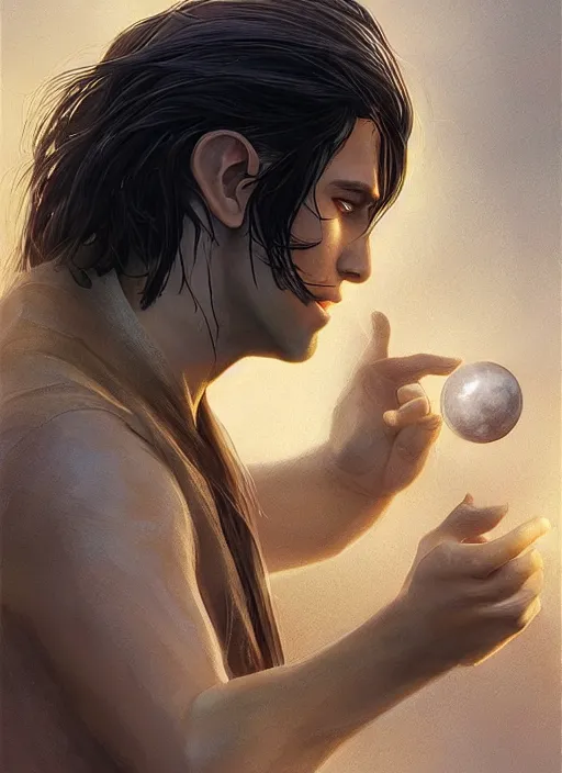 Image similar to side profile of a man with long black hair in brown rags holding a magical orb, fantasy, digital painting, volumetric light, intricate, sharp, focus, bloom, illustration, highly detailed, concept art, matte, art by anna dittmann and ilya kuvshinov and greg rutkowski, masterpiece