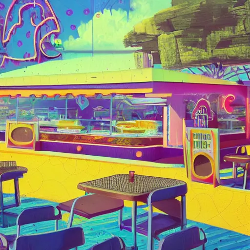 Image similar to psychedelic fast food restaurant near the beach by simon stalenhag