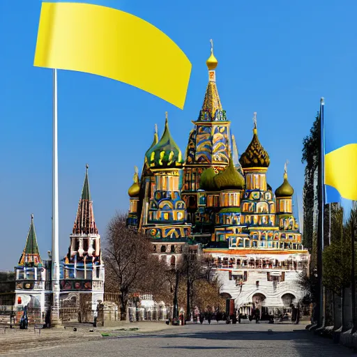 Image similar to A historic photo of Kremlin with Ukrainian flags, 4k, award-winning