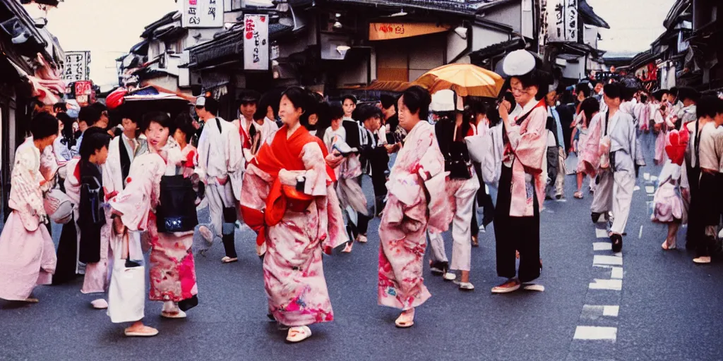 Image similar to street photography of gion matsuri midday, people in 9 0 s fashion, in kyoto japan, shot on kodak gold with a canon 3 5 mm lens aperture f / 5. 6, masterful photography by haruto hoshi and yang seung - woo and saul leiter, hyper - realistic