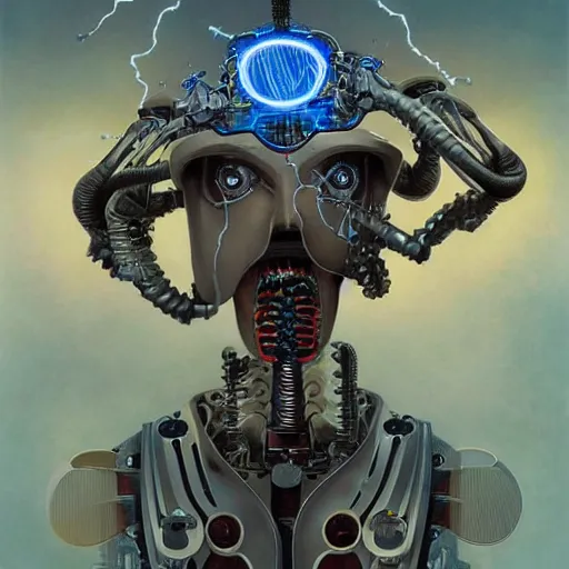 Image similar to an amish cyborg with one robotic eye, electrical charges sparkling within his hair, highly detailed by peter mohrbacher, hajime sorayama, wayne barlowe, boris vallejo, aaron horkey, gaston bussiere, craig mullins