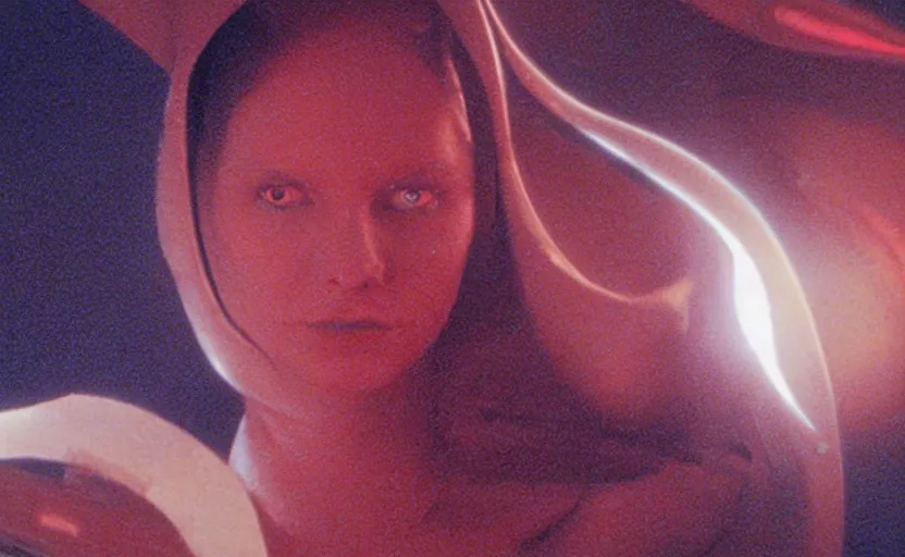 Image similar to screenshot portrait of female sith lord, on a planet of maelstrom, chaos, the world without form and void, 1970s film by Stanley Kubrick, iconic scene, HR Geiger design, stunning cinematography, hyper-detailed, sharp, anamorphic lenses, kodak color, 4k, stunning