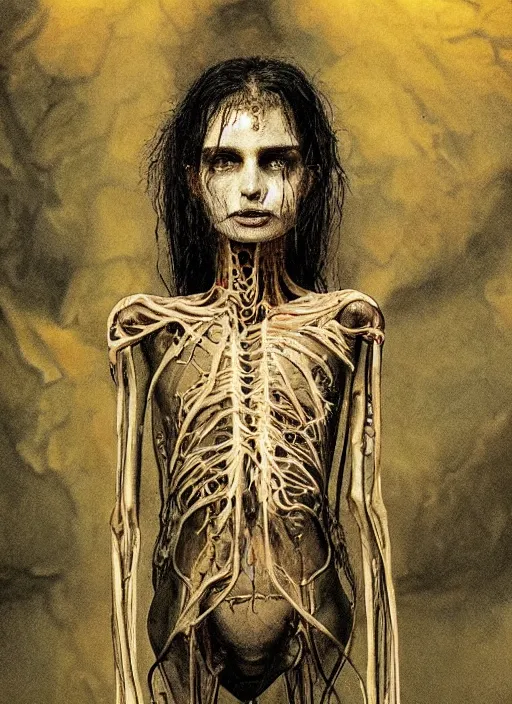 Image similar to masterpiece, emily ratajkowski , bones and veins, biopunk clothes, body horror, yellow glowing background, gustav dore, zdzislaw beksinksi