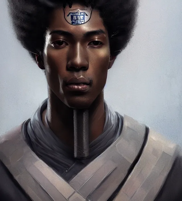 Image similar to portrait of a man by greg rutkowski, he is about 2 5 years old, mixture between afroamerican and japanese, afro hair, geisha tatoos, very tall and slender, he is wearing a futuristic police gear, highly detailed portrait, digital painting, artstation, concept art, smooth, sharp foccus illustration, artstation hq