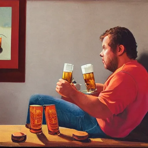 Image similar to Guy who drink beer while watching TV, junk foods, by Philippe Vuillemin