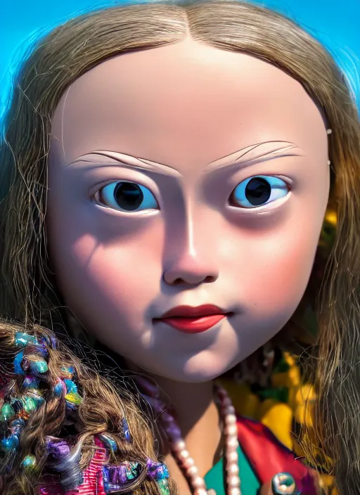 Prompt: closeup profile portrait of tin toy greta thunberg wearing a bikini, depth of field, zeiss lens, detailed, symmetrical, centered, fashion photoshoot, by nicoletta ceccoli, mark ryden, lostfish, breathtaking, 8 k resolution, extremely detailed, beautiful, establishing shot, artistic, hyperrealistic, octane render