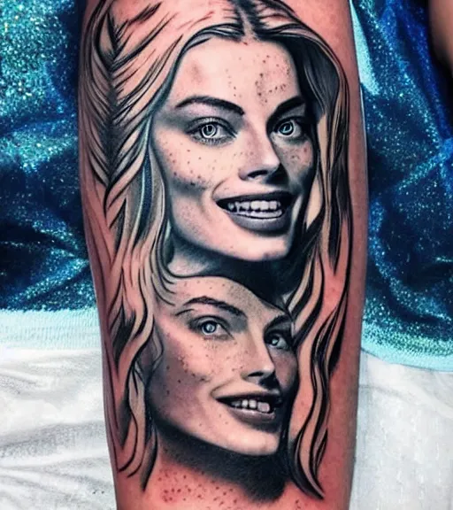 Image similar to tattoo design sketch of margot robbie with beautiful mountain scenery, mash up, double eposure effect, in the style of arlo dicristina, surrealist, amazing detail, sharp