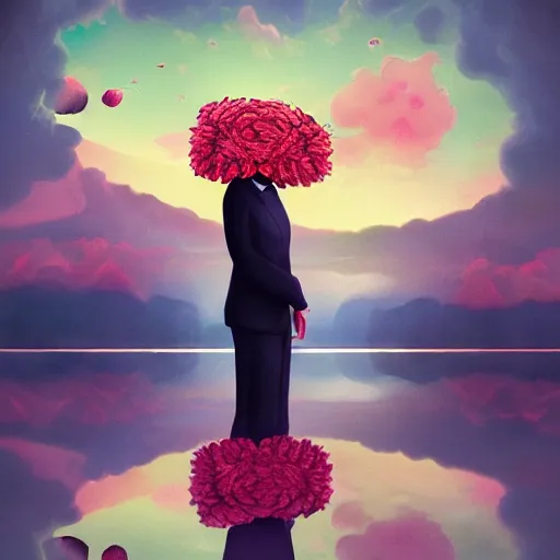 Image similar to giant rose flower head, frontal, girl in a suit, surreal photography, sunrise, dramatic light, impressionist painting, digital painting, artstation, simon stalenhag