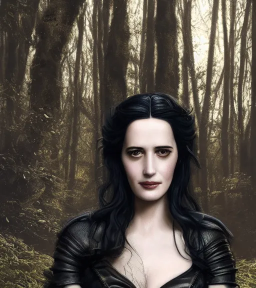 Image similar to 5 5 mm close up portrait photo of eva green as yennefer of vengerberg in black leather armor and long black fluff hair, in a forest. magical atmosphere. art by greg rutkowski. lifelike. very detailed 8 k. intricate. soft light. nikon d 8 5 0.