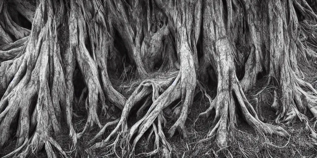 Prompt: roots overgrowing dolomites ,roots and hay coat, dolomites in background, dark, eerie, despair, portrait photography, artstation, digital art, concept art, artstation, highly detailed, sharp focus, by caravaggio