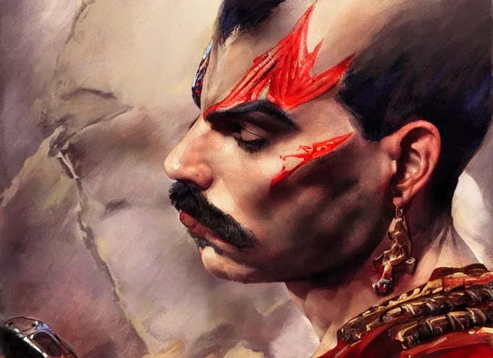 Prompt: a highly detailed beautiful portrait of freddie mercury as kratos, by gregory manchess, james gurney, james jean