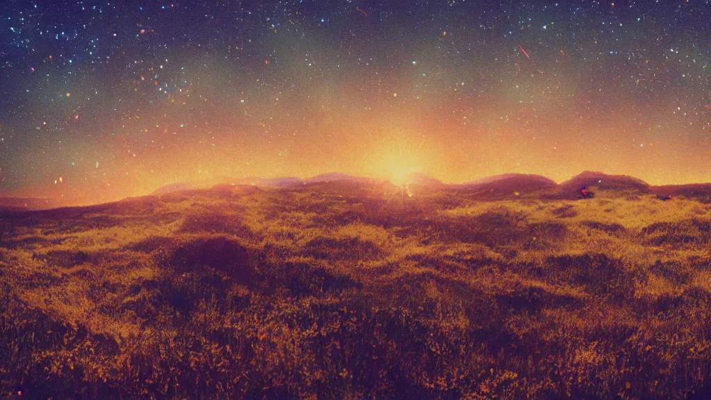 Prompt: double exposure of a beautiful golden hour welsh hill and beautifully enchanted fields, moonlight, aurora borealis, cosmic stars, grainy film, cinematic, haunted psychedelic VHS glitch