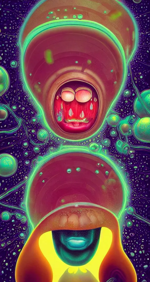 Prompt: art deco close up portait of mushroom head with big mouth surrounded by spheres, rain like a dream digital painting curvalinear clothing cinematic dramatic fluid lines otherworldly vaporwave interesting details epic composition by artgerm basquiat