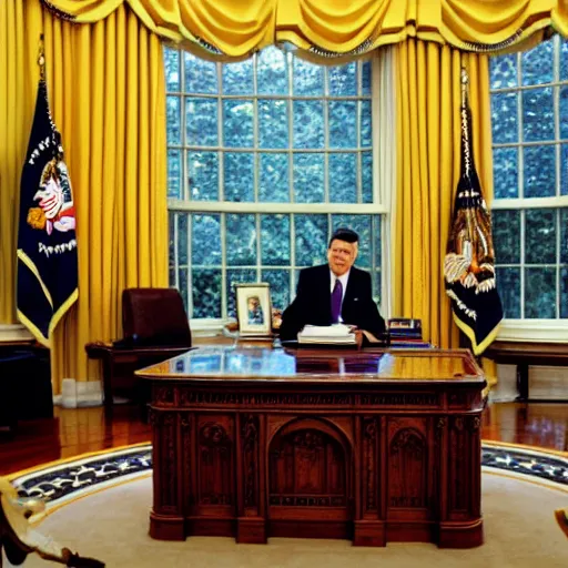 Prompt: a minion meeting president ronald reagan, zoom photograph, oval office,