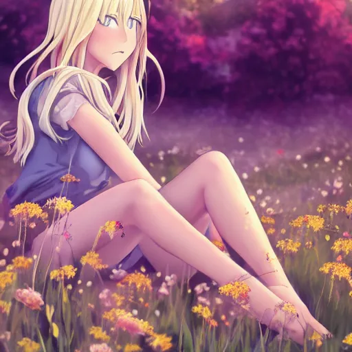 Image similar to beautiful anime transgender blonde girl sitting in a field full of flowers, highly detailed, realistic, dynamic lighting, cinematic, masterpiece, trending on artstation,-W 768