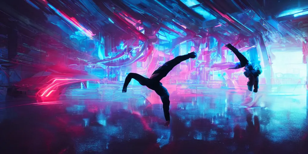 Prompt: cinematic camera wide angle of slow motion film still of futuristic break dancer wearing neon lights, long exposure shot , at night in the middle of an environment with only water and fog, paddle of water, water splashes, rim lights, glossy reflections, water droplets on lens, octane render, detailed and soft, by laurie greasley