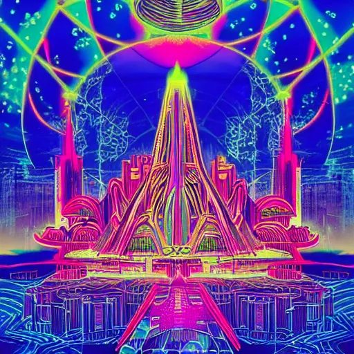 Image similar to mystical psychedelic poster with shaded lighting in the style of andriod jones, radiant light, detailed and complex environment, beautiful, peaceful, utopic astral city in the sky with many buildings and temples reflecting a modern city on the ground with old growth pine trees, overlaid sacred geometry, divine light, with implied lines, gradient of hot pink and neon baby blue