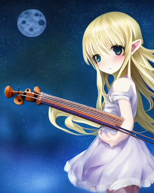 Image similar to chibi, cute, female, full body, elf girl with white skin and golden long wavy hair, holding a violin and playing a song, stunning art style, filters applied, lunar time, night sky, trending art, sharp focus, centered, landscape shot, fate zero, simple background, studio ghibly makoto shinkai yuji yamaguchi, by wlop