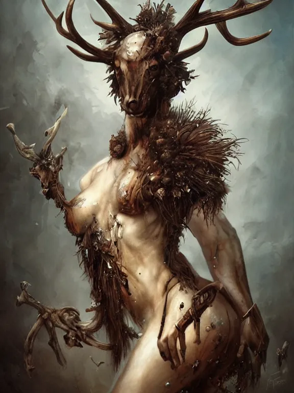 Image similar to a splatterpunk portrait of a gorgeous centaur with ebony antlers and sepia-toned fur, hyperrealistic, award-winning, in the style of Tom Bagshaw, Cedric Peyravernay, Peter Mohrbacher