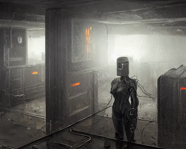 Image similar to gloomy colossal ruined server room in datacenter robot figure automata headless drone robot knight welder posing pacing fixing soldering mono sharp focus, emitting diodes, smoke, artillery, sparks, racks, system unit, motherboard, by pascal blanche rutkowski artstation hyperrealism cinematic dramatic painting concept art of detailed character design matte painting, 4 k resolution blade runner