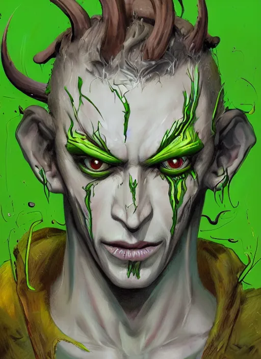 Image similar to a demon slayer portrait of wilson from don't starve, tall, pale - skinned, slender with lime green eyes and long eyelashes by stanley artgerm, tom bagshaw, arthur adams, carne griffiths, trending on deviant art, street art, face enhance, chillwave, maximalist, full of color, glittering