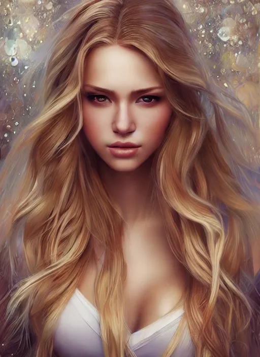 Image similar to picture of a gorgeous female with long blonde hair in the style of stefan kostic, realistic, full body shot, wide angle, sharp focus, 8 k high definition, insanely detailed, intricate, elegant, art by stanley lau and artgerm, floating embers