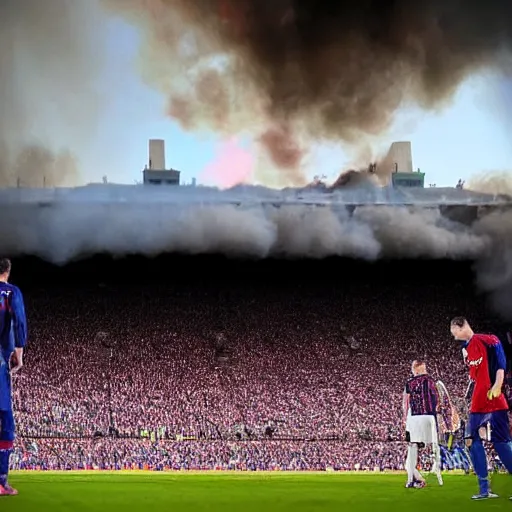 Image similar to high quality photograph, the camp nou burning in the distance, while florentino perez smokes a cigar next to the camera