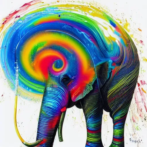 Image similar to fluid dynamics flow art a painting of an elephant with a colorful swirl, acrylic marbling art by sam spratt, deviantart, psychedelic art, psychedelic, cosmic horror, chromatic