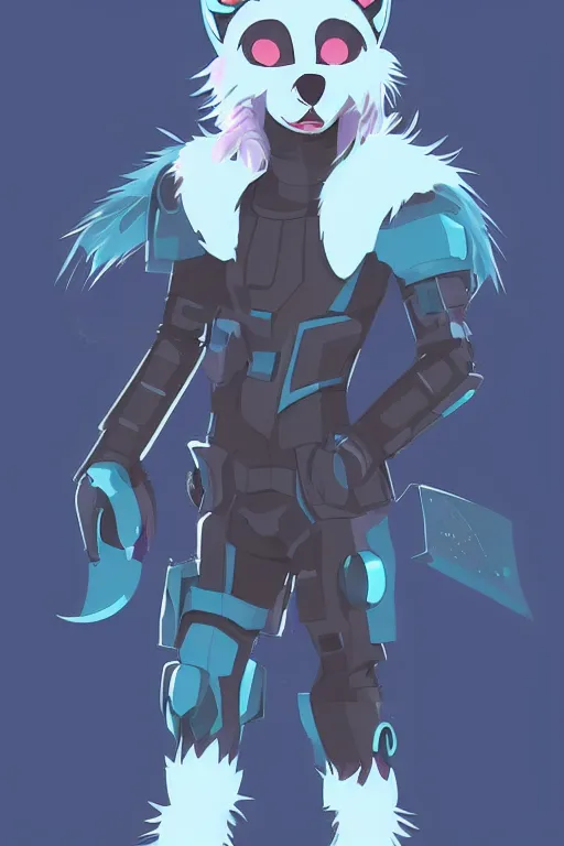 Image similar to a cute cyberpunk anthropomorphic wolf with light blue fur and a fluffy tail, comic art, trending on furaffinity, cartoon, kawaii, backlighting, furry art!!!, cel shading, concept art, lineless