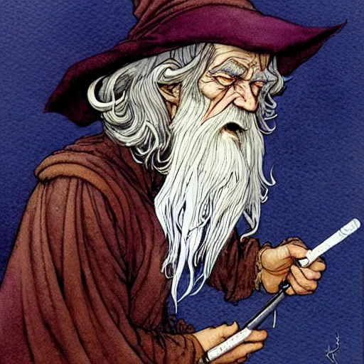 Image similar to a realistic and atmospheric watercolour fantasy character concept art portrait of gandalf with bloodshot eyes smoking a pipe looking at the camera by rebecca guay, michael kaluta, charles vess and jean moebius giraud