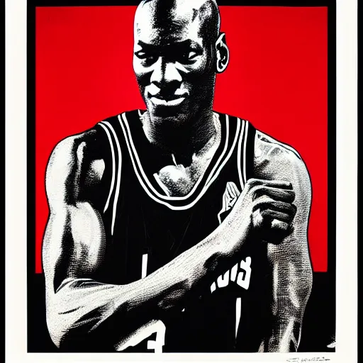 Prompt: Portrait of Michael Jordan raising his fist by Shepard Fairey